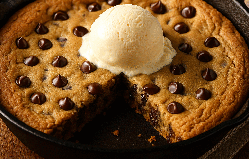 Freshly baked chocolate chip skillet cookie with crispy edges and gooey center