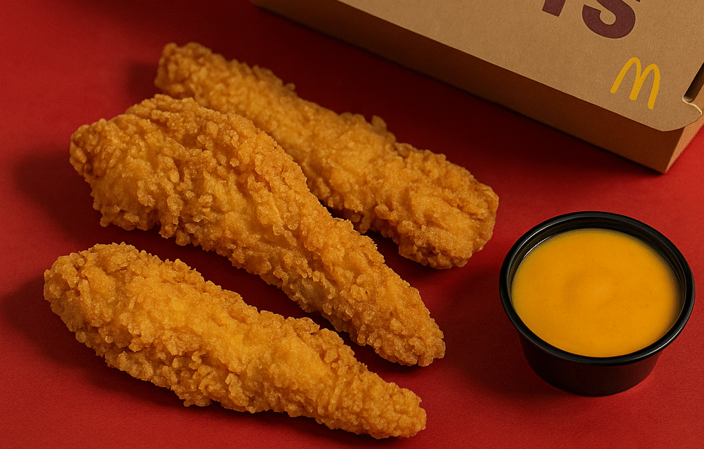 Crispy McDonald's Chicken Selects with dipping sauce and packaging on a red background